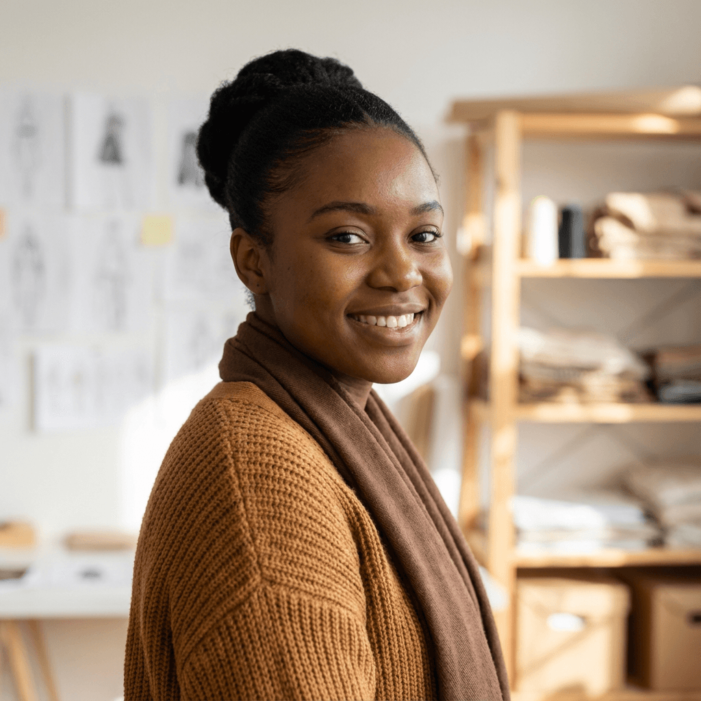 Smiling Black woman in a brown knit sweater and scarf in a fashion studio.