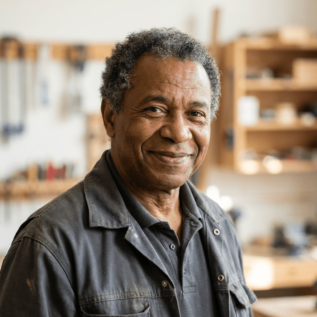 Warmly smiling older Black man with grey hair, standing in a blurred woodworking workshop.