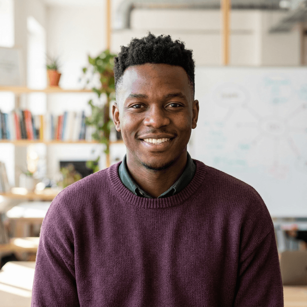 Smiling Black man in a purple sweater posing in a bright office with bookshelves.