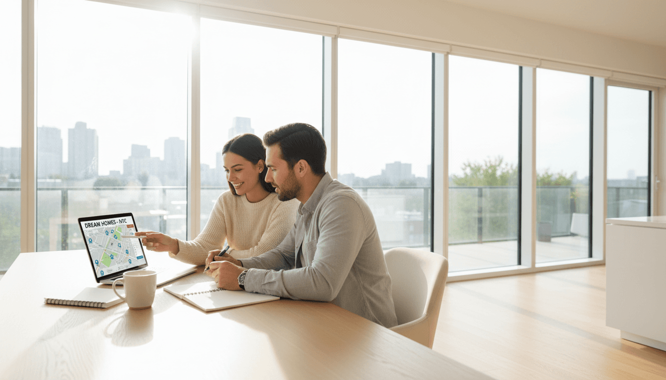 Young couple reviewing property investment options on laptop at home
