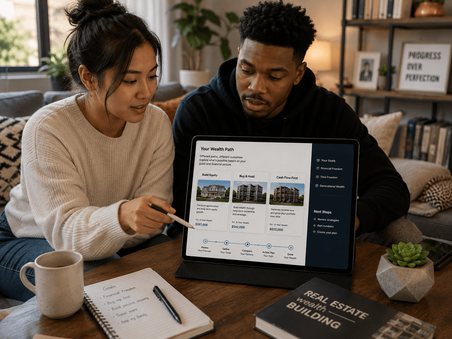 Couple reviewing real estate investment strategies on a tablet in a cozy living room.