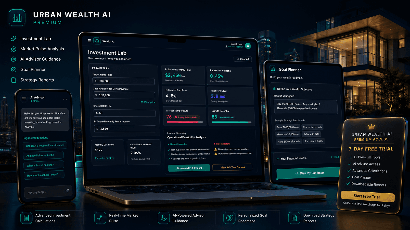 Urban Wealth AI interface on laptop, smartphone, and tablet showing real estate investment tools.