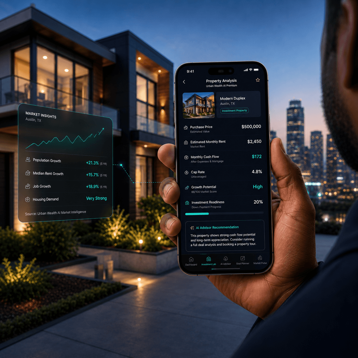 Smartphone displaying property analytics and holographic market data in front of a modern home.