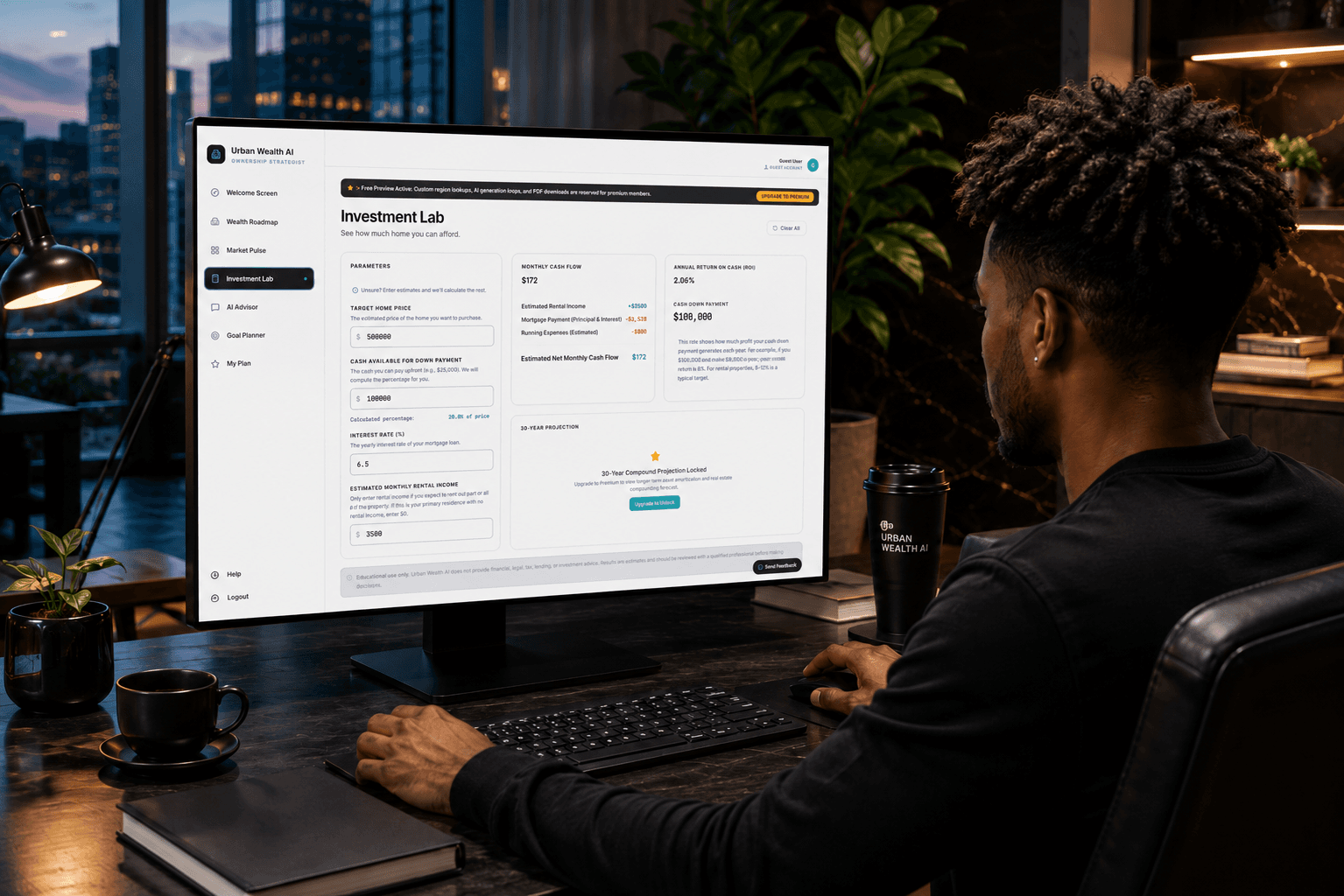 A Black man analyzes an Investment Lab dashboard on a computer monitor at night.