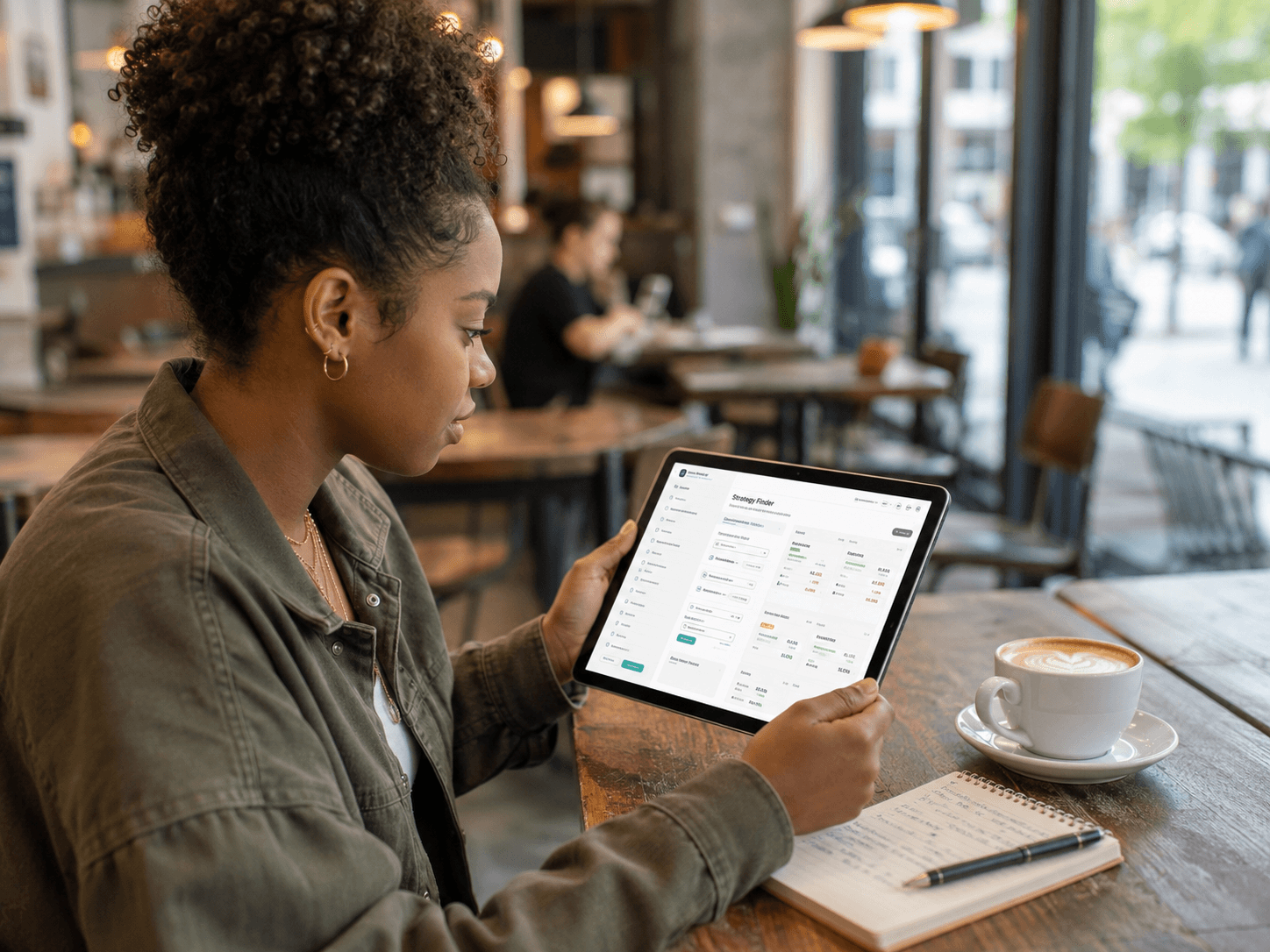 Woman with curly hair analyzing a Strategy Finder dashboard on a tablet in a cafe.