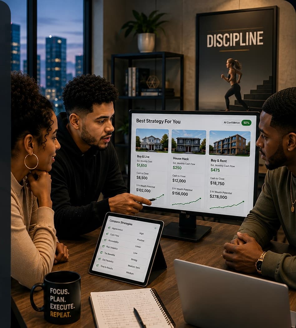 Three people analyze real estate investment strategies on a computer monitor in a modern office.